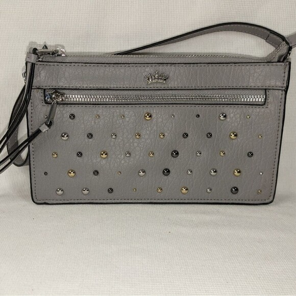 JUICY COUTURE GRAY AUDRINA SHOULDER BAG WRISTLET WITH TRI-COLOR STUDS. - Picture 2 of 8